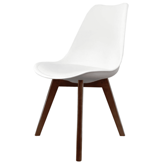 "Fusion Living Soho White Plastic Dining Chair with Squared Dark Wood Legs - interlock "