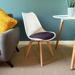 "Fusion Living Soho White and Aubergine Purple Plastic Dining Chair with Squared Light Wood Legs - interlock "