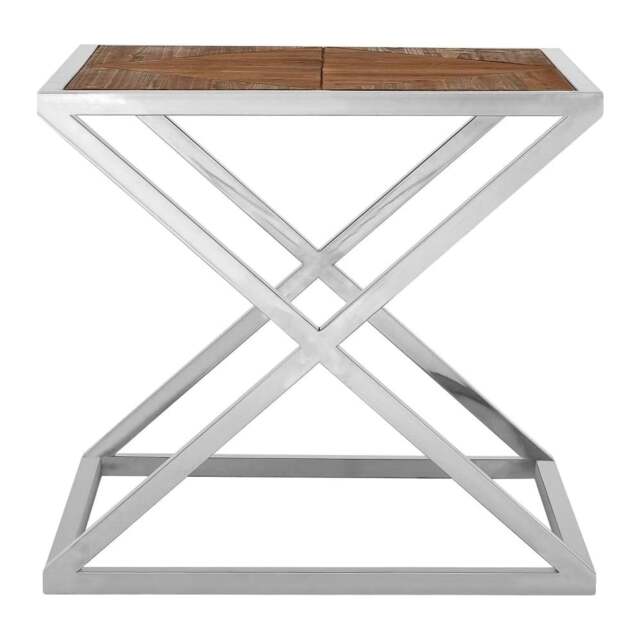 "Fusion Living Distressed Fir Wood Side Table with Silver Frame "