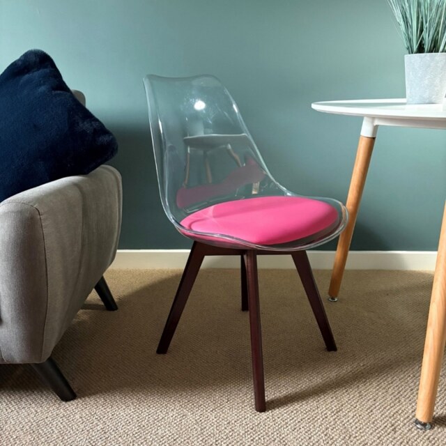 "Fusion Living Soho Clear and Bright Pink Plastic Dining Chair with Squared Dark Wood Legs "