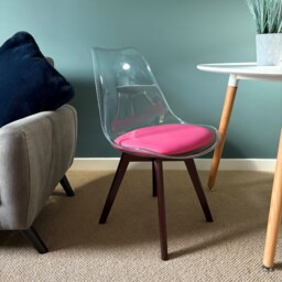 "Fusion Living Soho Clear and Bright Pink Plastic Dining Chair with Squared Dark Wood Legs "