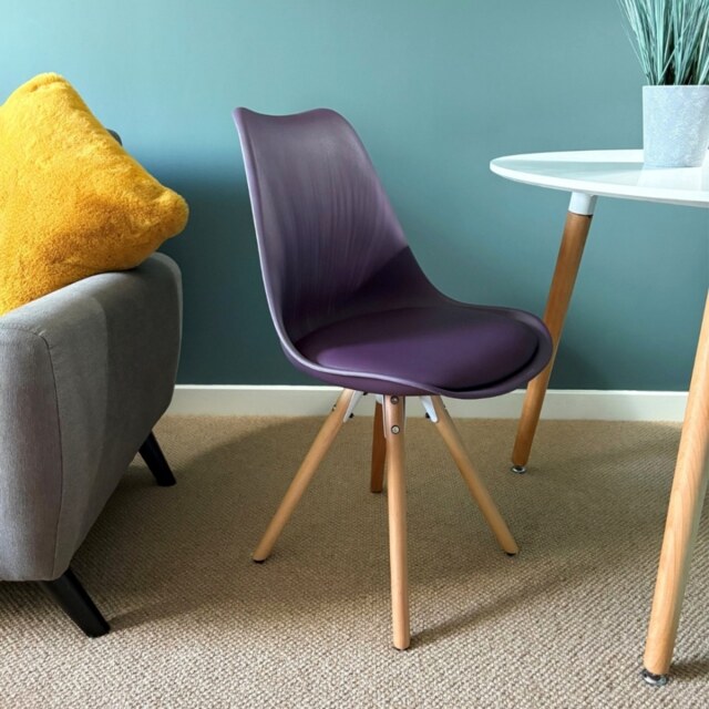"Fusion Living Soho Aubergine Purple Plastic Dining Chair with Pyramid Light Wood Legs "