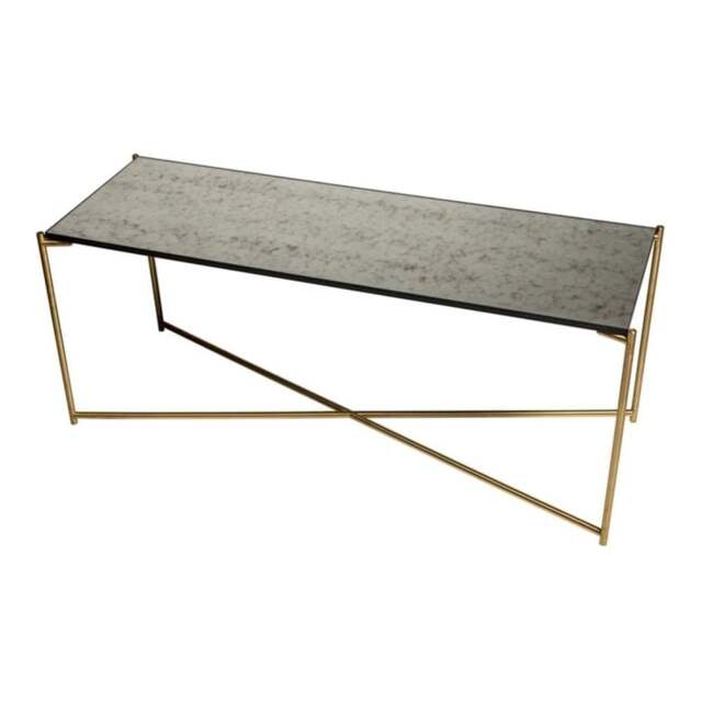 "Gillmore Antiqued Glass Low Console Media Table with Brass Cross Base "