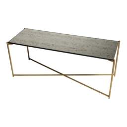 "Gillmore Antiqued Glass Low Console Media Table with Brass Cross Base "
