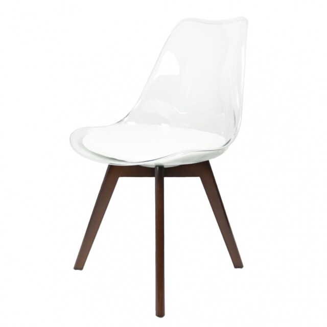 "Fusion Living Soho Clear and White Plastic Dining Chair with Squared Dark Wood Legs "