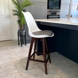 "Fusion Living Soho White and Dark Grey Plastic Bar Stool with Dark Wood Legs "