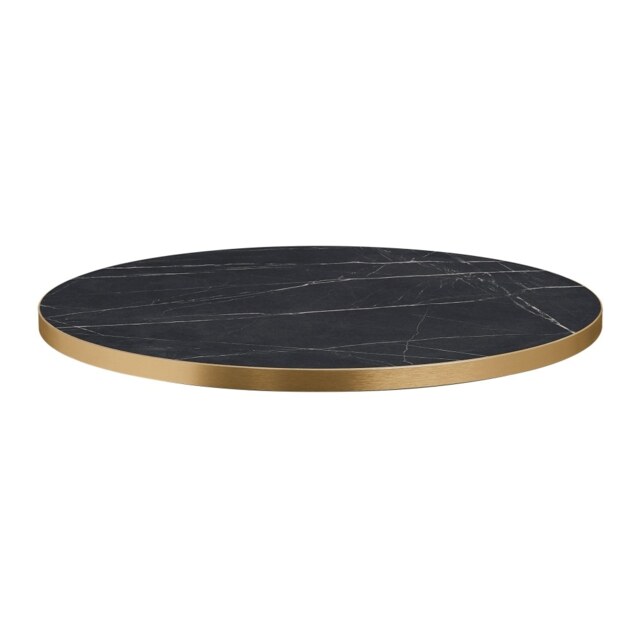 Fusion Living Omega Black Marble Laminate 80cm round table top with Boston sleek Large Round Black and Gold Bar Height base Table Top Size: 80cm diame