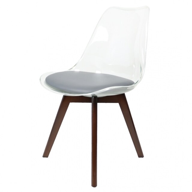 "Fusion Living Soho Clear and Dark Grey Plastic Dining Chair with Squared Dark Wood Legs "