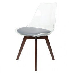 "Fusion Living Soho Clear and Dark Grey Plastic Dining Chair with Squared Dark Wood Legs "
