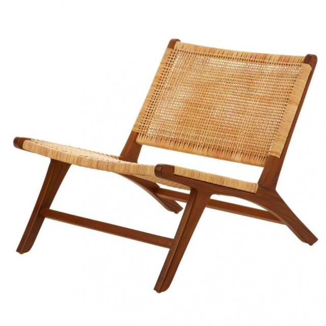"Fusion Living Natural Rattan And Teak Wood Reclined Lounge Chair "
