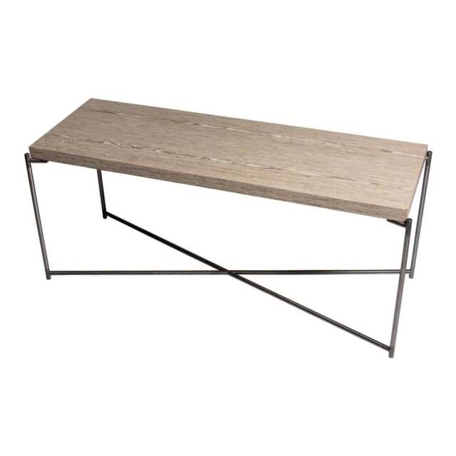 "Gillmore Weathered Oak Low Console Media Table with Gun Metal Cross Base "