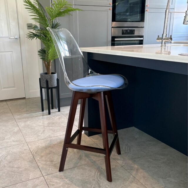 "Fusion Living Soho Clear and Blue Plastic Bar Stool with Dark Wood Legs "