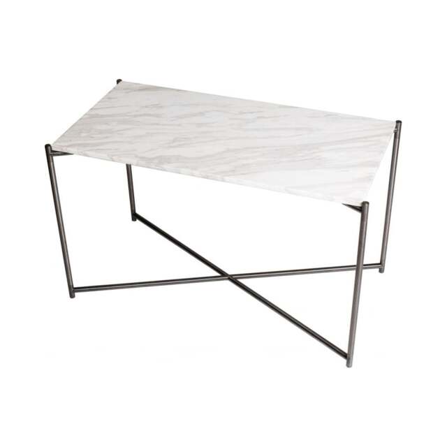 "Gillmore White Marble Rectangular Side Table with Gun Metal Cross Base "
