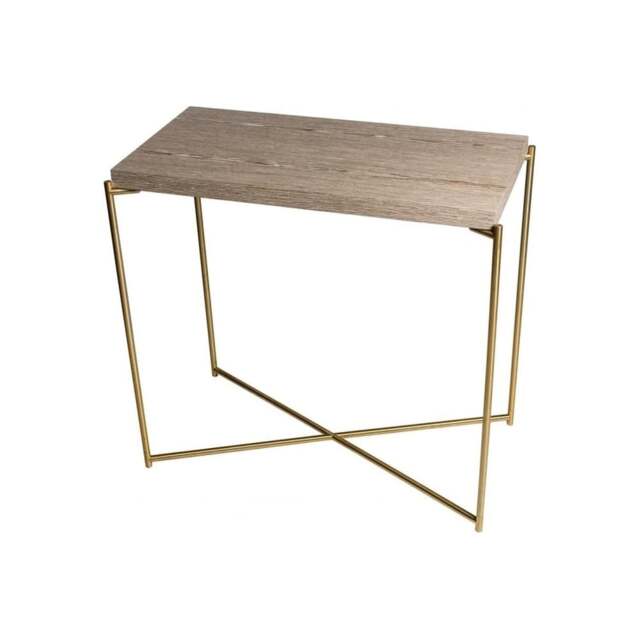 "Gillmore Weathered Oak Small Console Table with Brass Cross Base "