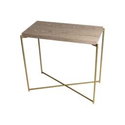 "Gillmore Weathered Oak Small Console Table with Brass Cross Base "