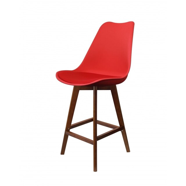 "Fusion Living Soho Red Plastic Bar Stool with Dark Wood Legs "