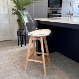 "Fusion Living Soho Clear and White Plastic Bar Stool with Light Wood Legs "