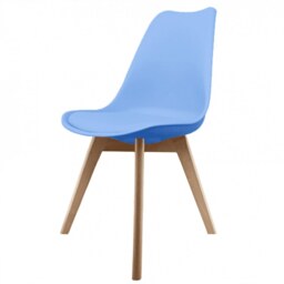 "Fusion Living Soho Blue Plastic Dining Chair with Squared Light Wood Legs - interlock "