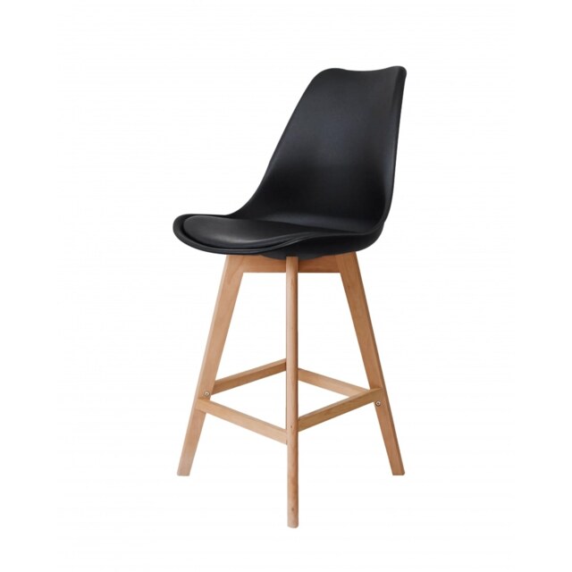 "Fusion Living Soho Black Plastic Bar Stool with Light Wood Legs "