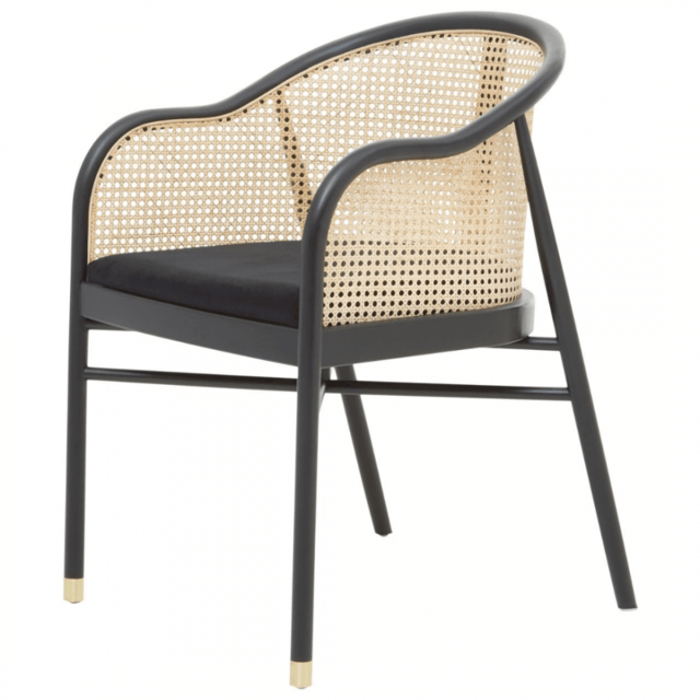 "Fusion Living OUTLET Eco-Friendly Rattan And Velvet Black Armchair With Gold Tip Legs "