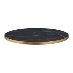 Fusion Living Omega Black Marble Laminate 70cm round table top with Boston sleek Small Rectangle Black and Gold Mid Height base Table Top Size: 70cm d