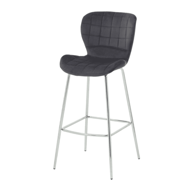 "Fusion Living Quilted Grey Velvet Barstool with Chrome Metal Legs "