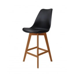 "Fusion Living Soho Black Plastic Bar Stool with Medium Wood Legs "