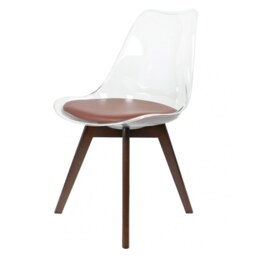 "Fusion Living Soho Clear and Chocolate Plastic Dining Chair with Squared Dark Wood Legs "