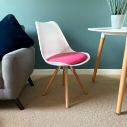 "Fusion Living Soho White and Bright Pink Dining Chair with Pyramid Light Wood Legs "