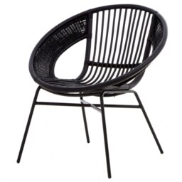 "Fusion Living Black Natural Rattan Round Armchair With Black Metal Legs "