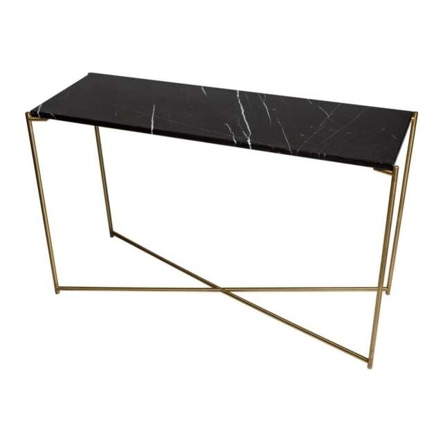 "Gillmore Black Marble Large Console Table with Brass Cross Base "
