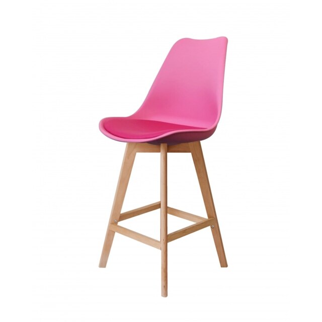 "Fusion Living Soho Bright Pink Plastic Bar Stool with Light Wood Legs "