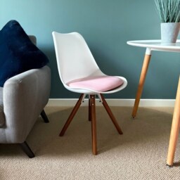 "Fusion Living Soho White and Blush Pink Dining Chair with Pyramid Dark Wood Legs "