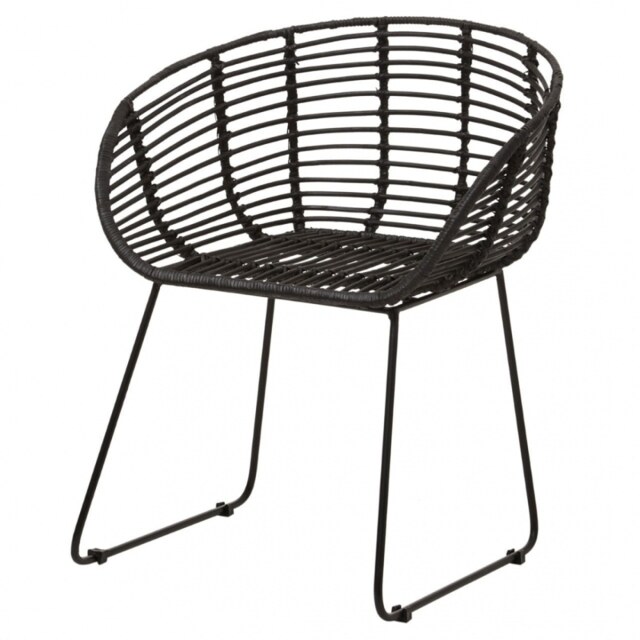 "Fusion Living Black Natural Rattan Rounded Armchair With Black Metal Legs "