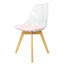 "Fusion Living Soho Clear and Blush Pink Plastic Dining Chair with Squared Light Wood Legs - interlock "