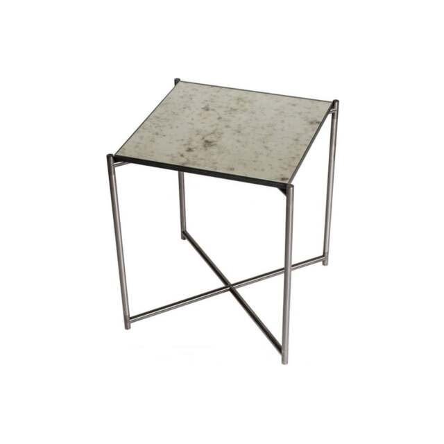 "Gillmore Antiqued Glass Square Side Table with Gun Metal Cross Base "