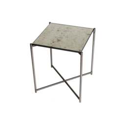"Gillmore Antiqued Glass Square Side Table with Gun Metal Cross Base "