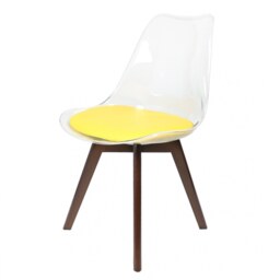 "Fusion Living Soho Clear and Yellow Plastic Dining Chair with Squared Dark Wood Legs "