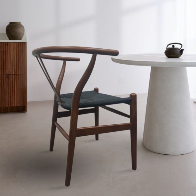"Fusion Living Wishbone Walnut And Black Hemp Weave Dining Chair  "