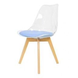 "Fusion Living Soho Clear and Blue Plastic Dining Chair with Squared Light Wood Legs - interlock "
