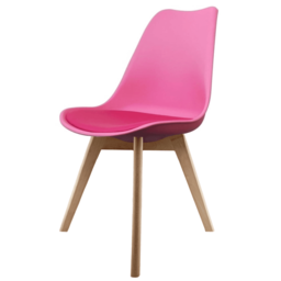 "Fusion Living Soho Bright Pink Plastic Dining Chair with Squared Light Wood Legs - interlock "