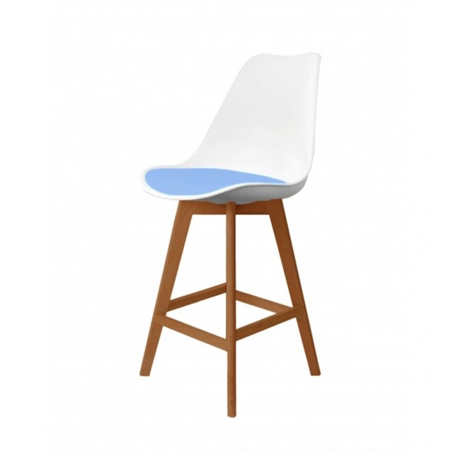"Fusion Living Soho White and Blue Plastic Bar Stool with Medium Wood Legs "
