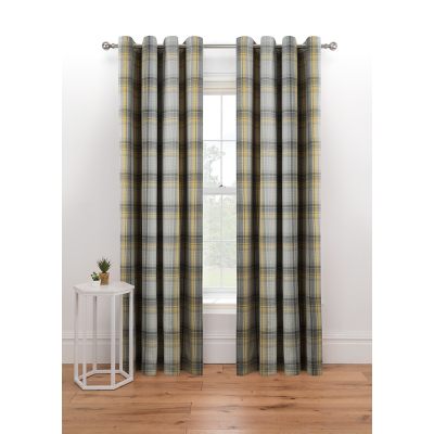 Grey And Yellow Woven Check Eyelet Curtains
