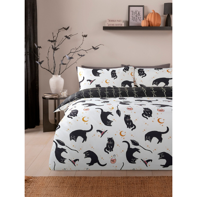 Monochrome Mystic Cats Soft Touch Microfibre Reversible Duvet Set