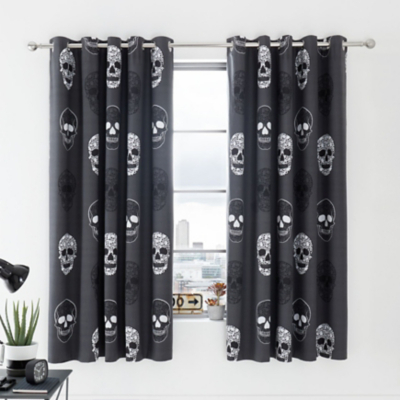 Catherine Lansfield Skulls Grey Curtains