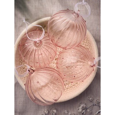 Christmas Pink Bobble Spot Glass Baubles - Set of 4