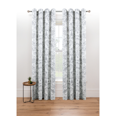 Grey Floral Print Eyelet Curtains