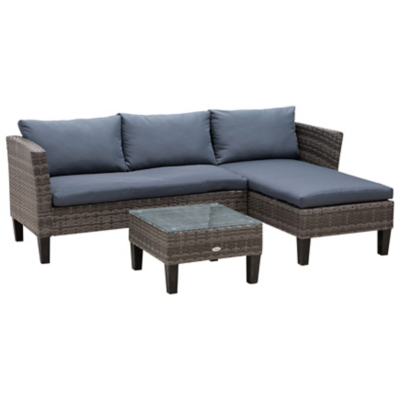 Outsunny Grey 3 Piece Garden Rattan Sofa with Table