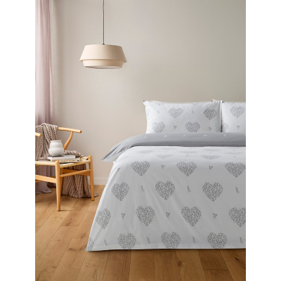 White & Grey Ditsy Filled Heart Cotton Reversible Duvet Set