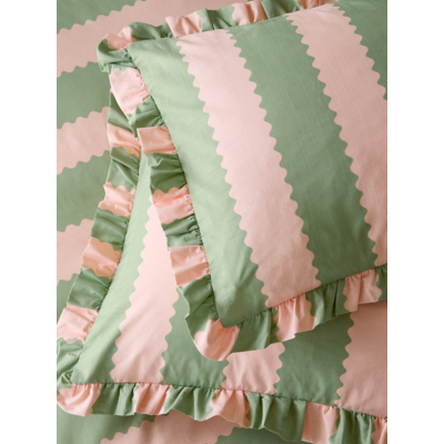 Wylder Pink & Green Birdie Stripe Ruffle Pillowcase Pair